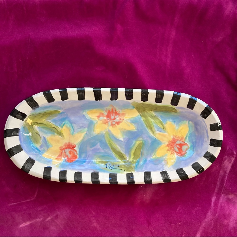 Handmade Ceramic Serving Tray “Daffodils On Light Blue “15”x7” Original